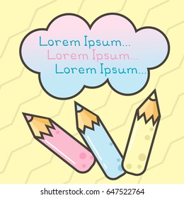 Vector illustration of colorful kid's pencils on a yellow background with place for text and frame in the shape of clouds.