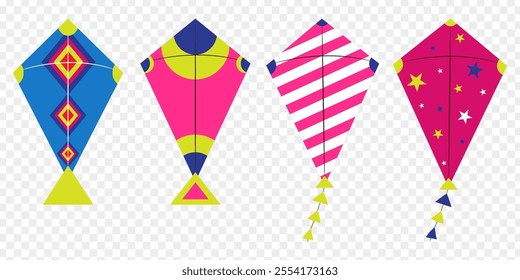 Vector illustration of colorful kites set on transparent background