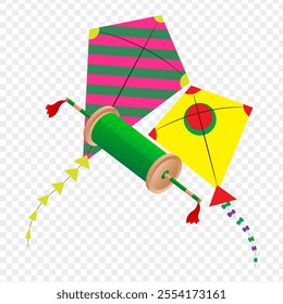 Vector illustration of colorful kites with string on transparent background