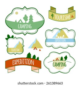 Vector illustration. Colorful labels on the theme: tourism, travel, mountains, hiking, camping. 