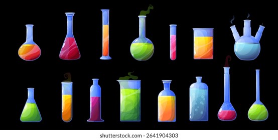 Vector illustration of colorful laboratory flasks and bottles filled with liquids. Includes beakers, test tubes, Erlenmeyer flasks, and jars with bubbling, glowing, or transparent substances.