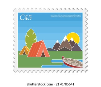 Vector illustration of colorful landscape icon on stamp template.