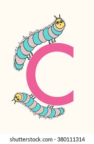 vector illustration of a colorful learning card for children, with the letter "C", and a drawing of caterpillars, to exemplify words starting with that letter