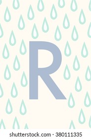 vector illustration of a colorful learning card for children, with the letter "R", and a drawing of rain, to exemplify words starting with that letter