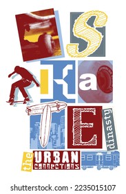 Vector illustration of colorful lettering alluding to skateboarding. Artwork with elements related to skateboarding.