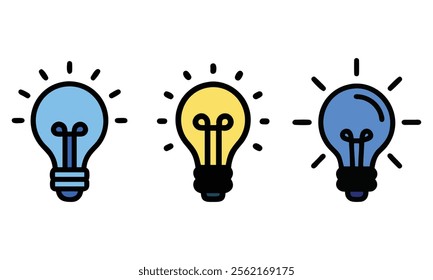 Vector illustration of colorful light bulb icons in blue and yellow tones, radiating beams, representing ideas, energy, and innovation.  
