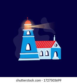 Vector  illustration with colorful lighthouse  in the night  and clouds isolated on dark background