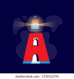 Vector  illustration with colorful lighthouse  in the night  and clouds isolated on dark background