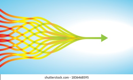 Vector illustration. Colorful lines intertwined in arrow. Dimensions 16:9.