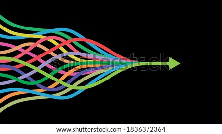Vector illustration. Colorful lines intertwined in arrow. Dimensions 16:9.	