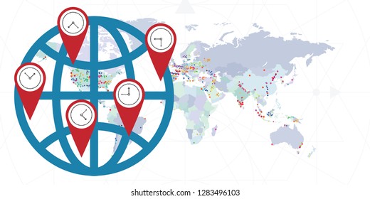 vector illustration of colorful location points with clocks for world time zones visualization