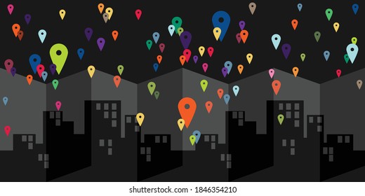 vector illustration of colorful location points and night cityscape for nightlife navigation