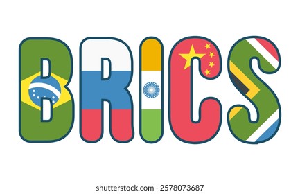 vector illustration colorful logo of the BRICS group, with the flags of each member country integrated into the letters