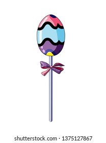 Vector illustration of colorful  lollypop on a stick with  pink bow isolated on white background. Cute egg shaped candy