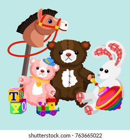 Vector illustration of colorful and lovely toys set. Toys for kids in flat cartoon design.