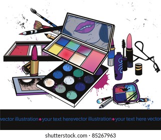 vector illustration of colorful make up, cosmetics, eye shadow ,lipstick and other things for a beauty