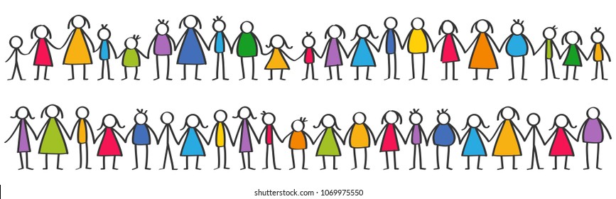 Vector illustration of colorful male and female stick figures, children standing in rows holding hands isolated on white background