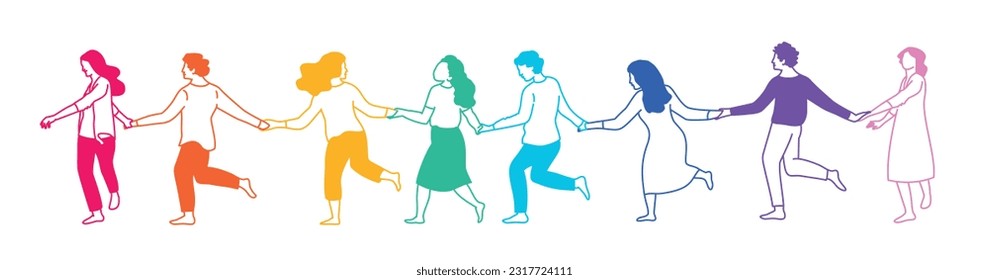 Vector illustration of colorful male and female people holding hands. Hand drawn vector illustration.