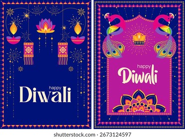 Ilustração vetorial dos cantos coloridos da mandala, brilhos dourados e texto festivo celebrando as luzes do Diwali.