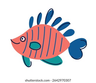 Vector illustration of colorful mandarin fish, vibrant tropical sea fish with bright stripes and fins. Cute marine animal for kids design, sea life theme, educational materials, nursery decoration