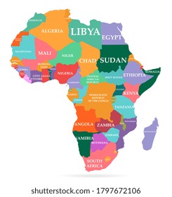 Vector Illustration Of Colorful Map. Africa Continent With Names Of Countries And Borders Isolated On White Background