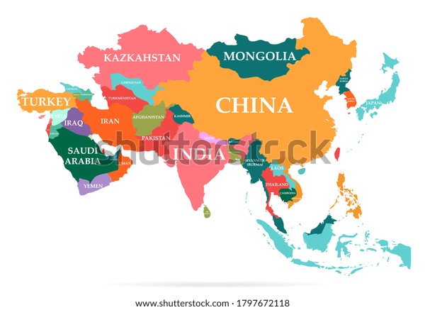 カラフルな地図のベクターイラスト 白い背景に国名と国境を持つアジア大陸 のベクター画像素材 ロイヤリティフリー