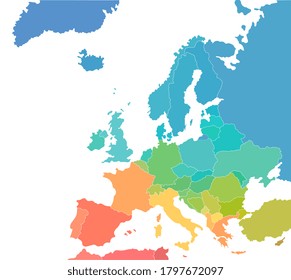 Vector illustration of colorful map. Europe continent with countries and borders isolated on white background