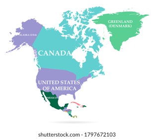 Vector illustration of colorful map. North America continent with names of countries and borders isolated on white background