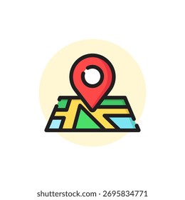 Vector illustration of Colorful Map With Red Location Pin Icon, Perfect for travel, navigation and location-based services in branding and marketing.