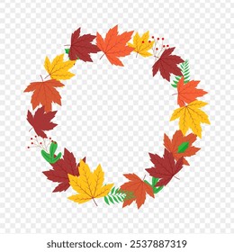 Vector illustration of colorful maple leaves frame border on transparent background