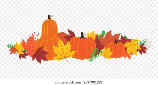 Ilustración vectorial de hojas de arce de colores con calabazas sobre fondo transparente