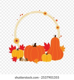 Vector illustration of colorful maple leaves with pumpkins frame border on transparent background