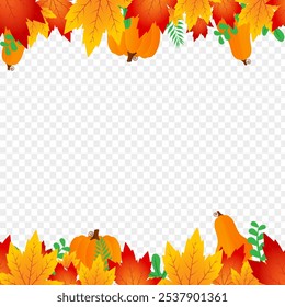 Vector illustration of colorful maple leaves with pumpkins frame border on transparent background