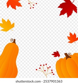 Vector illustration of colorful maple leaves with pumpkins frame border on transparent background