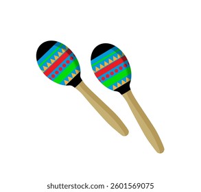 Vector illustration of colorful maracas with traditional Mexican patterns on a white background.