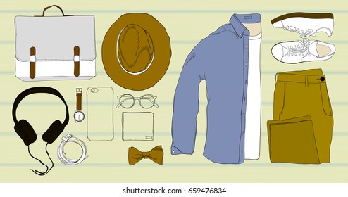 Vector illustration of colorful Mens set Hand drawn and doodle of top view, flat lay of folded shirt, t-shirt, trousers, spectacles, sneakers, clock, hat, phone, briefcase, headphones and belt.