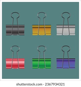 Vector illustration colorful metal binder clip set isolated on green background