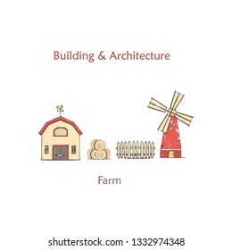 Vector Illustration Of Colorful Milk Farm Life With Barn On White Background. Vintage Village Landscape. Hand Drawn Flat Design Of Countryside For Farming Web, Agricultural App