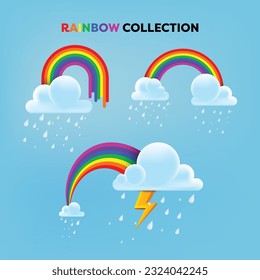 Vector illustration of colorful monsoon rainbow set with realistic clouds