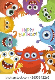 Vector illustration of colorful monsters forming a circle around a Happy Birthday message, creating a cheerful and playful design perfect for birthday cards and decorations.