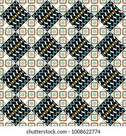 Vector illustration. Colorful mosaic backdrop in white, black and orange colors. Abstract retro seamless pattern of geometric shapes. Geometric hipster tiles background.