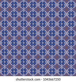 Vector illustration. Colorful mosaic backdrop in brown, violet and blue colors. Abstract retro seamless pattern of geometric shapes. Geometric hipster tiles background.