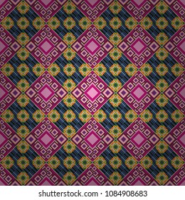 Vector illustration. Colorful mosaic backdrop in blue, magenta and pink colors. Abstract retro seamless pattern of geometric shapes. Geometric hipster tiles background.