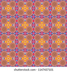 Vector illustration. Colorful mosaic backdrop in pink, brown and beige colors. Geometric hipster tiles background. Abstract retro seamless pattern of geometric shapes.
