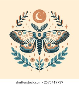 Vector Illustration of a Colorful Moth with Moon and Foliage - Teal, Orange, and Beige Palette - Perfect for Nature-Themed Designs, Tattoos, and Home Decor