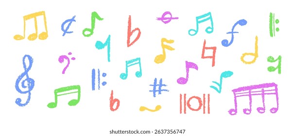 Vector illustration of colorful music notes in charcoal scribble style. Cute childish music school pastel or wax pencil signs. Handwritten pop elements on white for kindergarten , artistic designs.