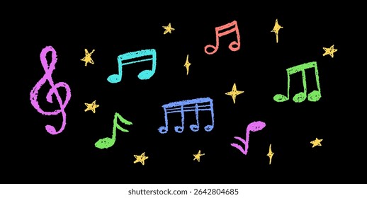 Vector illustration of colorful music notes and stars in charcoal scribble style. Cute childish music school pastel or wax pencil signs. Handwritten pop elements on black for kindergarten designs.