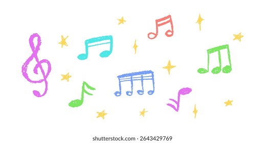 Vector illustration of colorful music notes and stars in charcoal scribble style. Cute childish music school pastel or wax pencil signs. Handwritten pop elements on white for kindergarten designs.