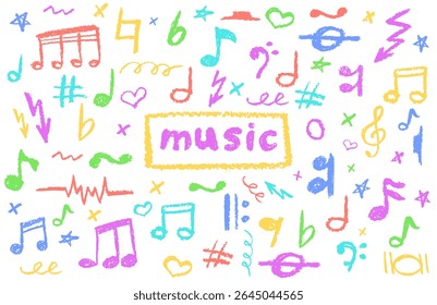 Vector illustration of colorful music notes in charcoal scribble style. Handwritten pop sketch elements on white for edgy, school designs. Cute childish music kindergarten pastel or wax pencil signs