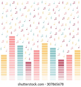 Vector illustration of colorful music notes and lines equalizer. The background music.